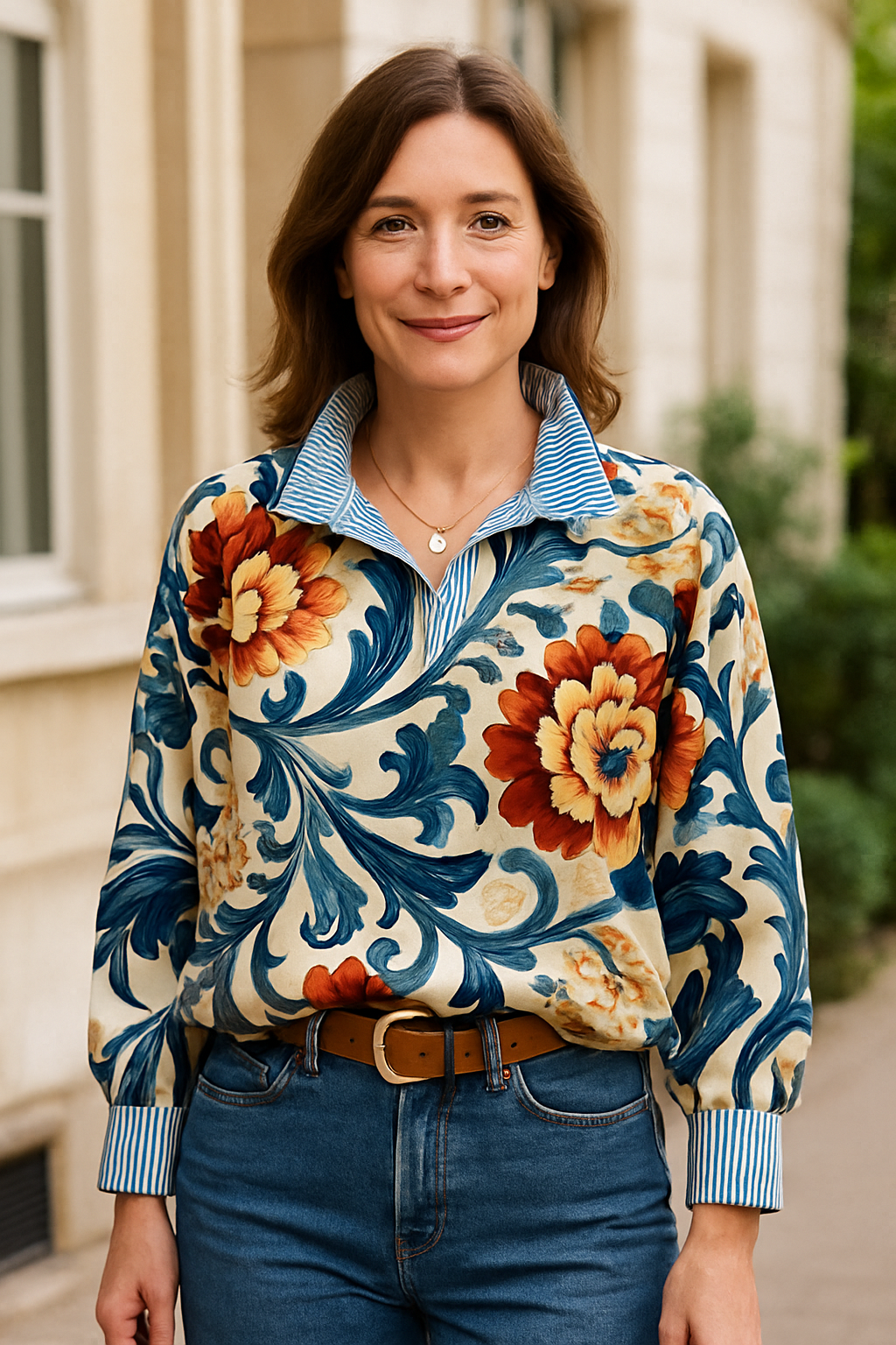 Chemise Florale Classique à Col Rayé